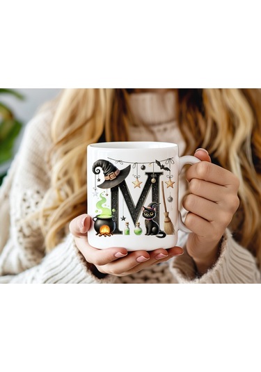 M Harfli Halloween Kedili Figür Kupa Bardak - Şapkalı Ve Kazanlı İsme Özel Kupa - Hediye 07 Beyaz
