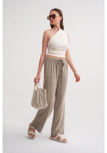 4629 Kadın Bol Paça Yüksek Bel Viskon Palazzo Pantolon Toprak Toprak
