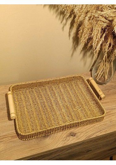 Hasır Rattan Sunum Tepsi Bambu Kulplu Orta Boy Dikdörtgen Diğer