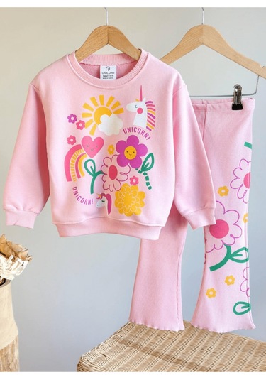 2-8 Unicorn Desenli İspanyol Taytlı Kız Çocuk Takım Pembe Pembe