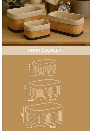 Bambu Hasır Dikdörtgen 3'lü Organizer Sepet Seti - Çok Amaçlı Düzenleyici Kahverengi