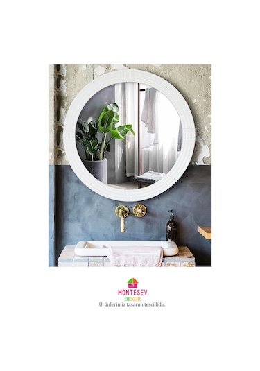 Safir Beyaz Dekoratif Ayna Yuvarlak Işlemeli Duvar Aynası 69 Cm