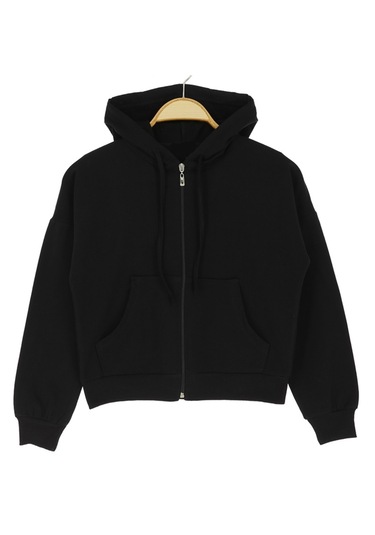 Kız Çocuk Believe Yazılı Fermuar Kapamalı Kapüşonlu Siyah Hırka