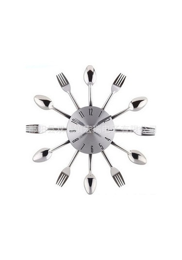 Mufunye Gümüş Renkli Paslanmaz Çelik Yemek Takımı Duvar Saati - Restoran İçin Sessiz Fonksiyonel Dekoratif Saat Gümüş