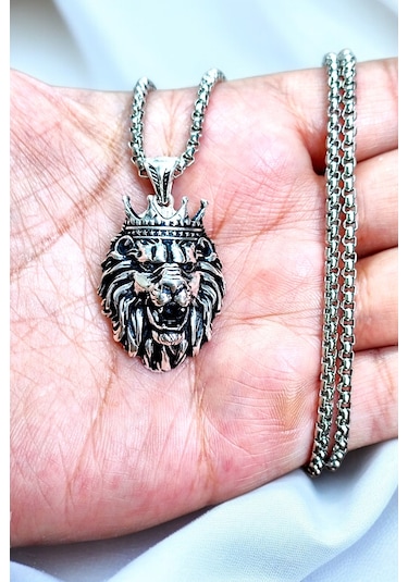 Gümüş Kaplama Bronz-krom Celik Öfkeli Aslan Kral Erkek Kolye Madalyon Gümüş