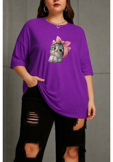 Büyük Beden Minnoş Kedi Baskılı Unisex Tişört Mor