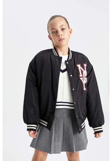 DeFacto Kız Çocuk Su İtici Kolej Yaka Çıtçıtlı Cepli Bomber Mont C5408A824AUBK27 Siyah