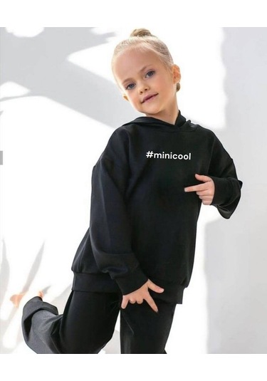 Erkek Çocuk Kız Çocuk Nakışlı Slogan Hashtag Oversize Alt Üst Takım Kapüşonlu 3 İplik Şardonlu Siyah Renk Siyah