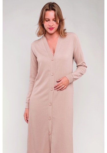 Gabria Ön Düğmeli Seul Uzun Hırka Bej