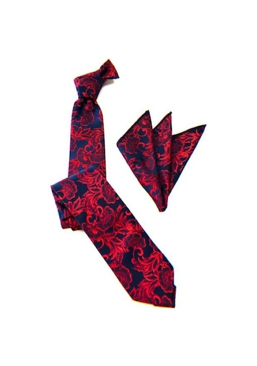 Venchy Lacivert Kırmızı Sarmaşık Desen Mendilli Kravat 2117-5Mk