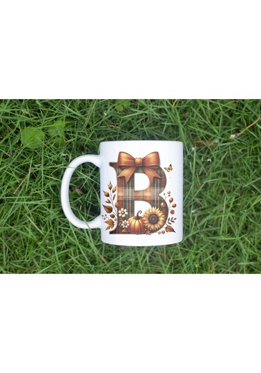 B Harfi Ekose Ve Sonbahar Temalı Kupa Bardak - Kişiye Özel Sıcak Tonlar Alfabe Kupa - Hediye Beyaz