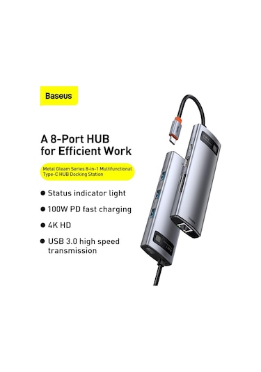 Baseus Metal Gleam 8in1 Multifonksiyonel Type-C Hub Dock Station