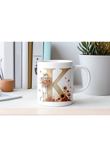 K Harfi Pembe Kareli Kalpli Göz Emojili Kupa Bardak Eğlenceli Kareli Tasarım Kahve Çay Kupası Beyaz