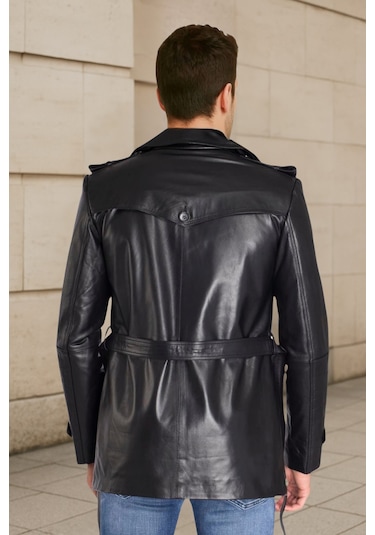 Derije Valdes Hakiki Deri Erkek Siyah Kuşaklı Trençkot Siyah