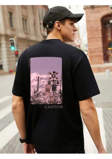 Erkek Siyah Oversize Caution Baskılı T-shirt Siyah