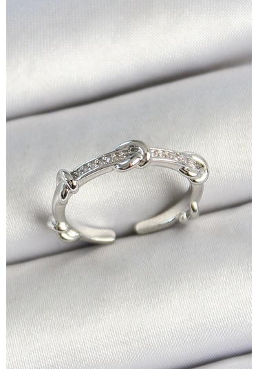 Pirinç Düğüm Figürlü Zirkon Taşlı Gümüş Renk Ayarlanabilir Kadın Yüzük Çok Renkli