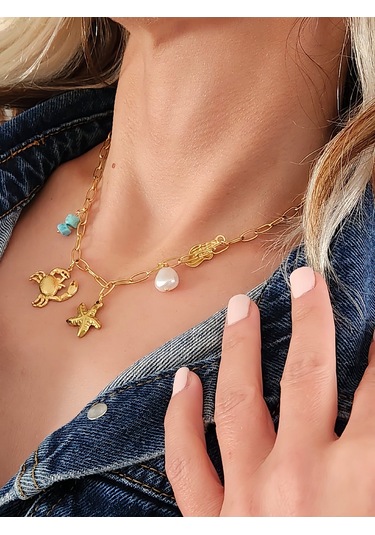 Yengeç İnci Firuze Taş Model Charmlı Yaz Beach Plaj Tatil Kolye 46cm Gold