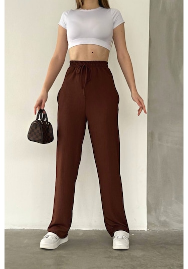 Trend Alisse Beli Lastikli Cepli Bol Paça Kadın Pantolon Kahverengi