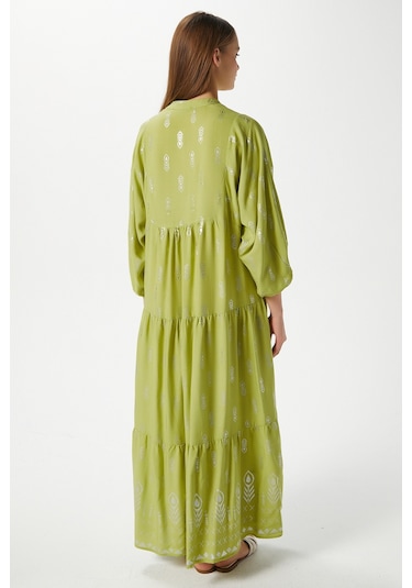 Modest Kadın Aliza Gümüş Detay %100 Viskon Yeşil Maksi Boy Yazlık Elbise Yeşilgümüş Çok Renkli