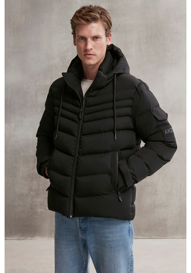 Allan Erkek Su Geçirmez Fermuarlı Kapüşonlu Kol Arma Ve Cep detaylı şişme Siyah Mont