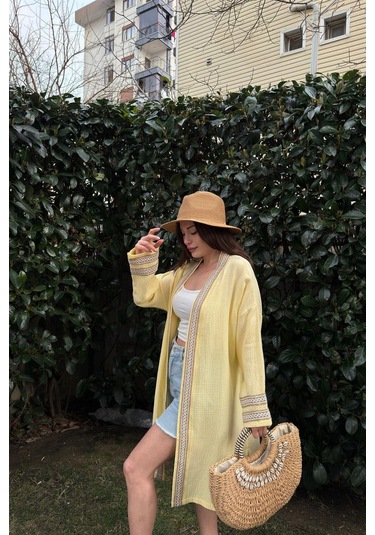 Kadın Sarı Müslin Kumaş, Hasır Şerit Detaylı Salaş Kimono Ceket Sarı