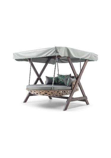 Dominik Swing Ahşap Rattan Salıncak Dış Mekan Bahçe Balkon Ceviz