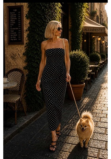 Monaco Dot Sraplez Siluet Elbise Denim Kumaş Midi Boy Lacivert