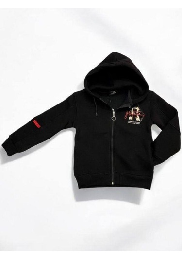Erkek Çocuk 3 İplik Şardonlu Kapüşonlu Hırka-14842 Siyah