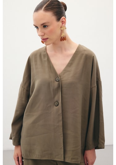Sateen Düğmeli Kimono - Haki-136357 Haki