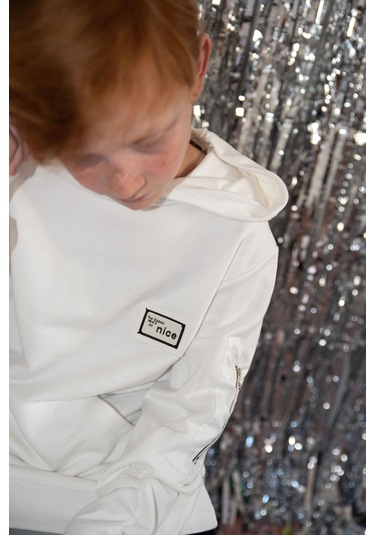 Breeze Erkek Çocuk Sweatshirt Armalı Kolu Cepli Fermuarlı 9-14 Yaş, Beyaz Beyaz