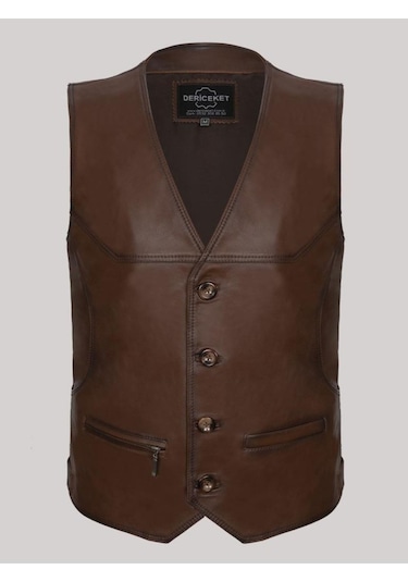 Hakiki Deri Düz Düğmeli Erkek Yelek Kahverengi Kahverengi