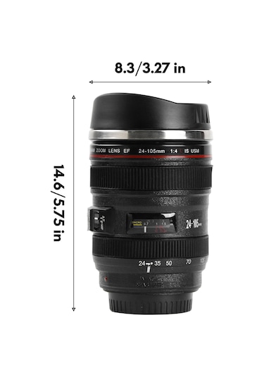 Honmex Kamera Lens Desenli 400ml Paslanmaz Çelik Termos Bardak, Dökülürsüz, Kahve/çay İçin Siyah Siyah