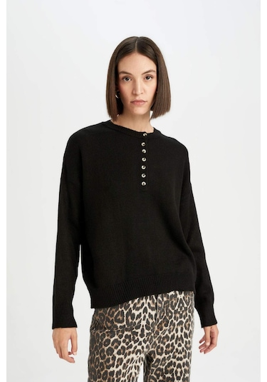 DeFacto Oversize Geniş Kalıp Düğmeli Yaka Triko Kazak D4913AXNSBK81 Siyah