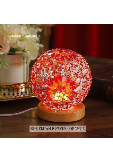 Willowhaven Bohemian Orange B Style Usb Fişli Mozaik Gece Lambası Kademesiz Karartma Yatak Odası Masa Dekoru Ahşap
