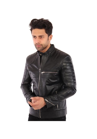 Hakiki Deri Siyah Erkek Deri Mont Omuz Çizgi Detaylı Üç Cepli Fermuarlı Deri Ceket Siyah