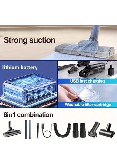 Fochsia Black Şarjlı El Süpürgesi: Type-c Şarj, 8 Aksesuar, Büyük Kapasiteli, Ev Ve Araç Temizliği İçin
