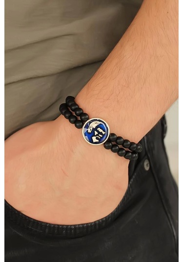 Atatürk Portre Figürlü Lacivert Metal Aksesuarlı Siyah Oniks Doğal Taş Erkek Bileklik Çok Renkli