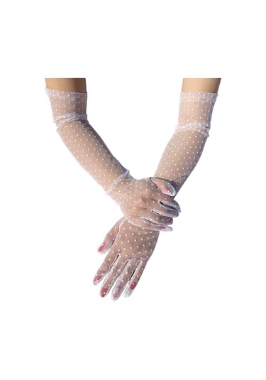 Uzun Boy Beyaz Puantiyeli Beyaz Renk Yetişkin Tül Eldiven Gelin Tül Eldiveni 55 Cm Çok Renkli