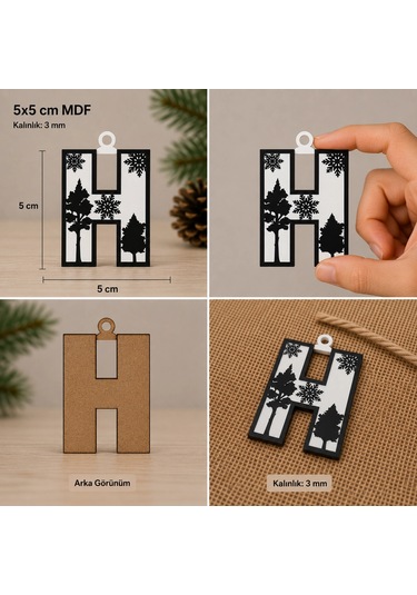 H Harf Yılbaşı Süsü Mdf Çam Ağacı Desenli Asılabilir Dekor 5x5 Cm