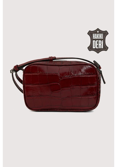 Hakiki Deri Kadın Çapraz Omuz Çantası Kırmızı Kroko Smr8975 Kırmızı Kroko