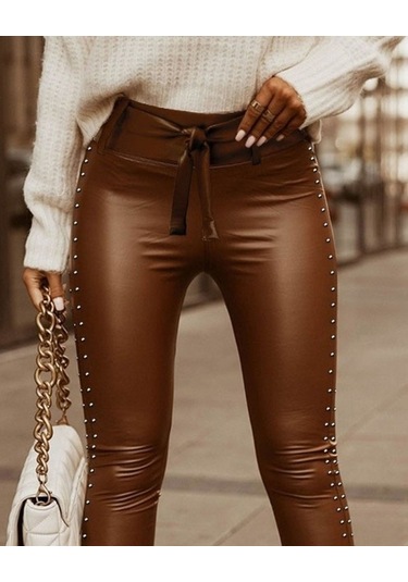 Tua Moda Kadın Yüksek Bel Yanlardan Incili Yırtmaçlı Uzun Deri Tayt Kahve