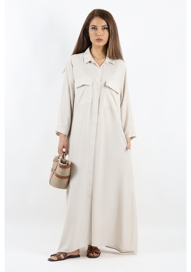 Prive Kadın Plain Bej %100 Viskon Maksi Boy Cepli Yazlık Uzun Elbise Bej