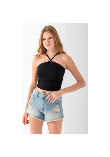 Giysa Kadın Çapraz Askılı Dantel Detaylı Crop Body Siyah - Ms0000309 Siyah