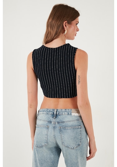 Lela Slim Fit Kalp Yaka Düğmeli Kalın Askılı Crop Bayan Yelek 5865497 Lacivert Çizgili
