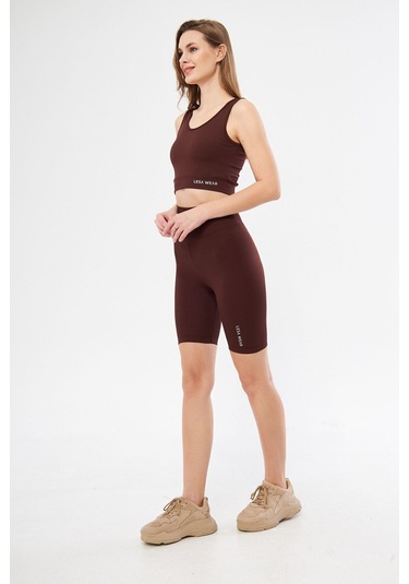 Lesa Wear Fitilli Yüksek Bel Likralı Toparlayıcı Kısa Şort Tayt Kahverengi