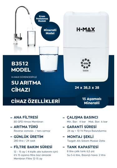 8l Çelik Tank 15 Aşama Multi Mineral 80gpd Su Arıtma Cihazı B3512