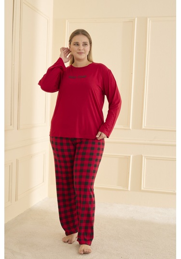 Mihra Kadın Pijama Takımı Büyük Beden & Battal Uzun Kol Kırmızı