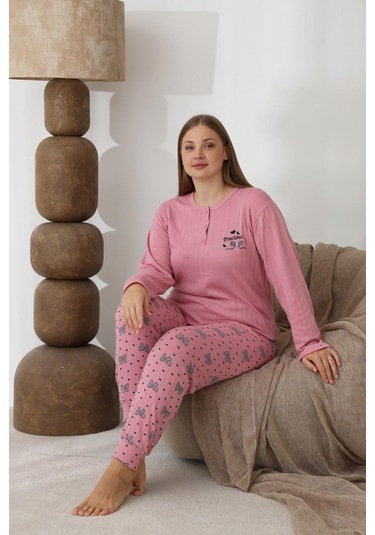 Lindros Kadın Pamuk'lu Düğme Yaka Raporlu İnterlok Kışlık Battal Pijama Takımı 0255 - 1 Adet Pembe