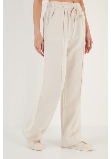 Lela Pamuk Ve Keten Karışımlı Yüksek Bel Rahat Kesim Bol Paça Spor Bayan Pantolon 5865022 Bej