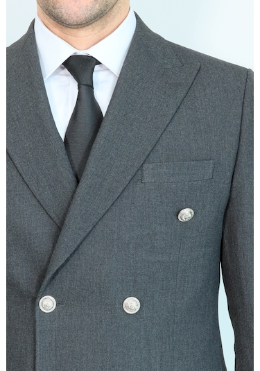 Gümüş Renk Metal Düğmeli Slim Fit Kruvaze Koyu Gri Erkek Takım Elbise Wessi Füme